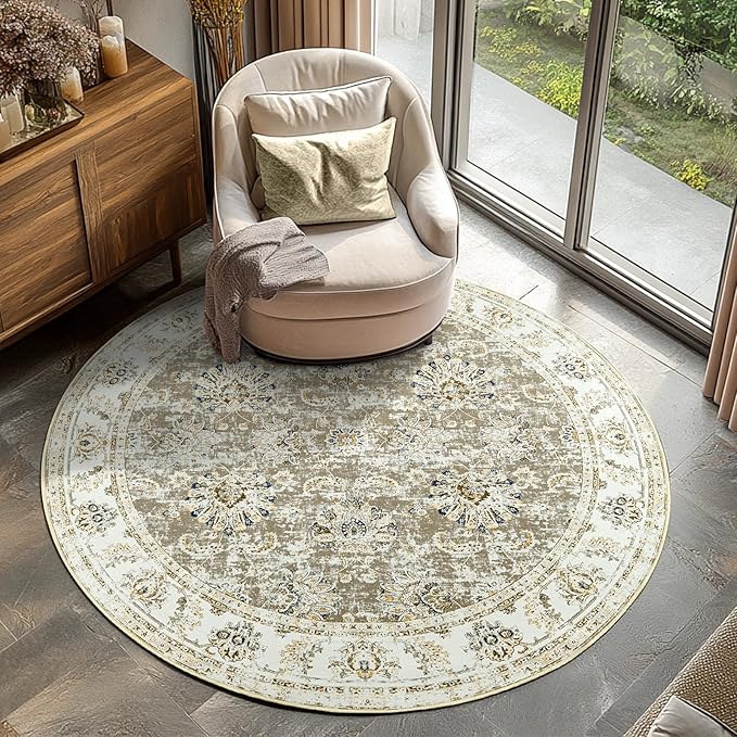 jinchan Round Rug 4ft Area Rugs Vintage Floral Distressed Design - Machine Washable Non-Slip Low-Pile Ultra-Thin Circle Rug for Entryway Bedside Living Room Dining Room Bedroom (4' Round,Taupe)