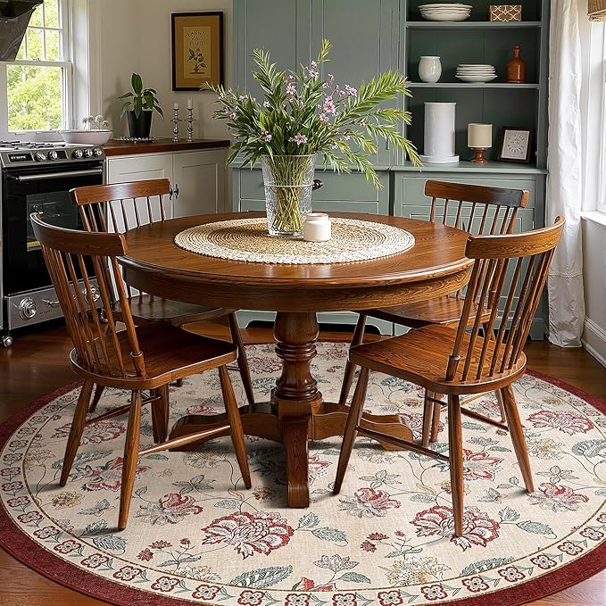 jinchan 7ft Floral Round Rug for Dining Room Washable Living Room Rug Vintage Romance Design Non Slip Indoor Floor Cover Lightweight Low-Profile Throw Carpet for Bedroom Porch Patio, Red/Beige