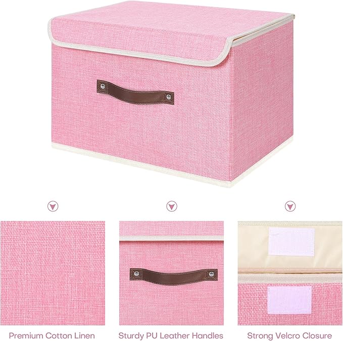 ANMINY 4PCS Storage Bins with Lid PU Leather Handles Storage Boxes PP Plastic Board Decorative Foldable Lidded Cotton Linen Fabric Home Cubes Baskets Closet Organizer Containers - Pink, Large Size