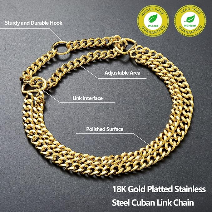 Stainless Steel 18K Gold Dog Chain Collar - Adjustable, Chew Proof, Double Row Cuban Link Collar for Large, Small, Medium Dogs (22"-24")