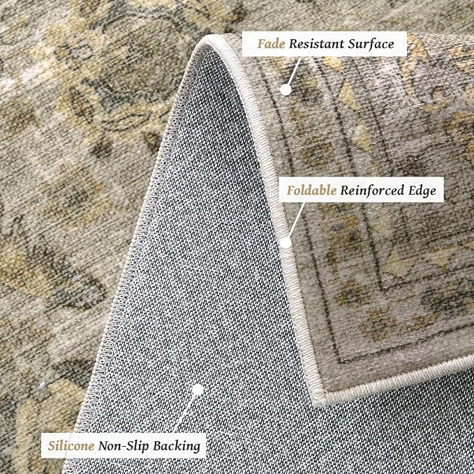 Washable 9x12 Area Rugs for Living Room, Boho Non-Slip Silicone Backing Rugs for Bedroom Dining Room Nursery Office, 0.3" Neutral Oriental Throw Carpet with 0.16" Cushioning Pad, Light Brown/Multi