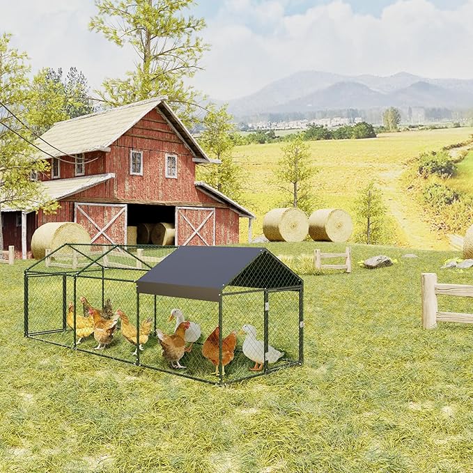 Metal Chicken Coop Run,Outdoor Walk-in Cage Peak Hen House with Waterproof and Anti-Uv Cover,Spire Roof Hen House with Security Lock for Outdoor,Backyard and Farm, 9.8 x 3.3 x 3.3 ft