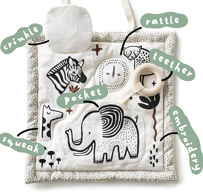 Wee Gallery Safari Activity Pad Organic Baby Play Mat with Sensory Toys, High Contrast Newborn Essentials Soft Tummy Time Mat for Babies 0-12 Months, Visual and Motor Skill Development Toy