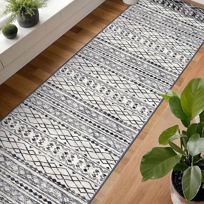 KUTA Moroccan Washable Runner Rug 2.6x18 Non-Slip Vintage Black Navy Blue Boho