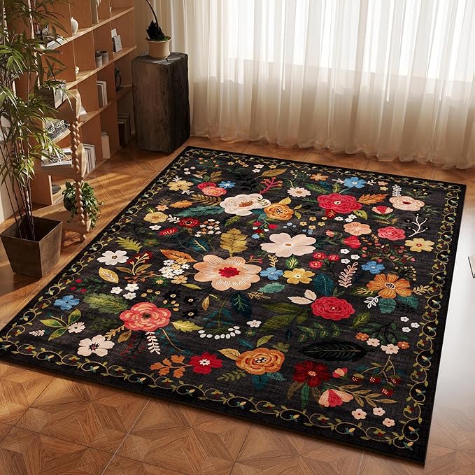 Rugcomf Area Rug 4x6 Rug Washable Boho Rugs Non Slip Low Pile Floral Small