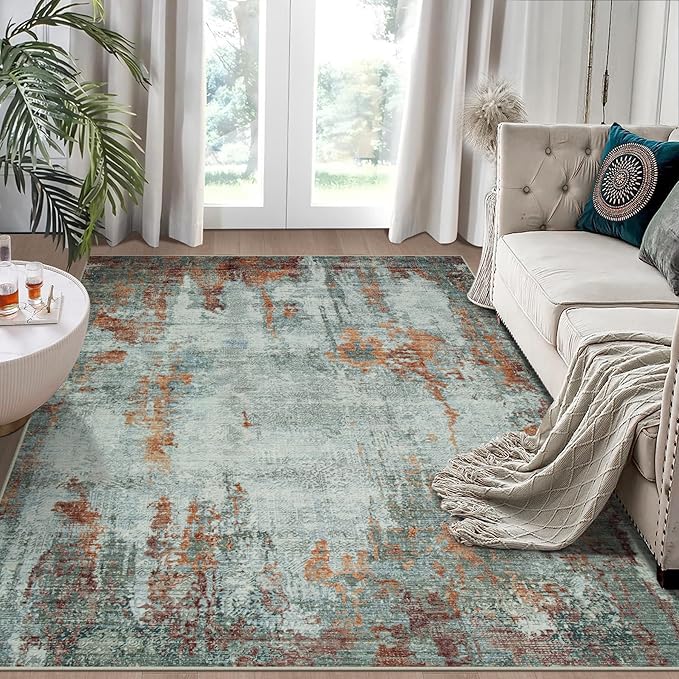 4x6 Area Rugs for Living Room Rug Washable: Modern Large Rug for Dining Room Bedroom Carpet Non Slip Low Pile 4 by 6 Indoor Abstract Nursery Home Office Red Brown