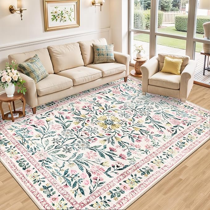 Area Rug Living Room Rugs: Floral 5x7 Washable Rug Vintage Soft Boho Non-Slip Carpet Indoor Stain Resistant Large Carpets for Bedroom Dining Room Farmhouse Nursery Hallway Home Office Pink Green
