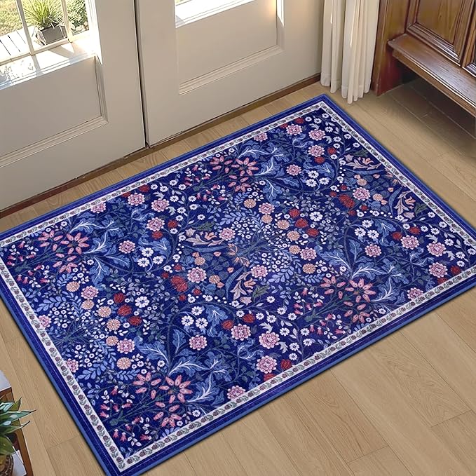 Entryway Rug 2X3 Small Rugs: Floral Washable Door Mat Vintage Soft Low Pile Non-Slip Kitchen Rugs Stain Resistant Indoor Throw Rug for Entrance, Bedroom, Kitchen, Laundry, Bathroom Blue
