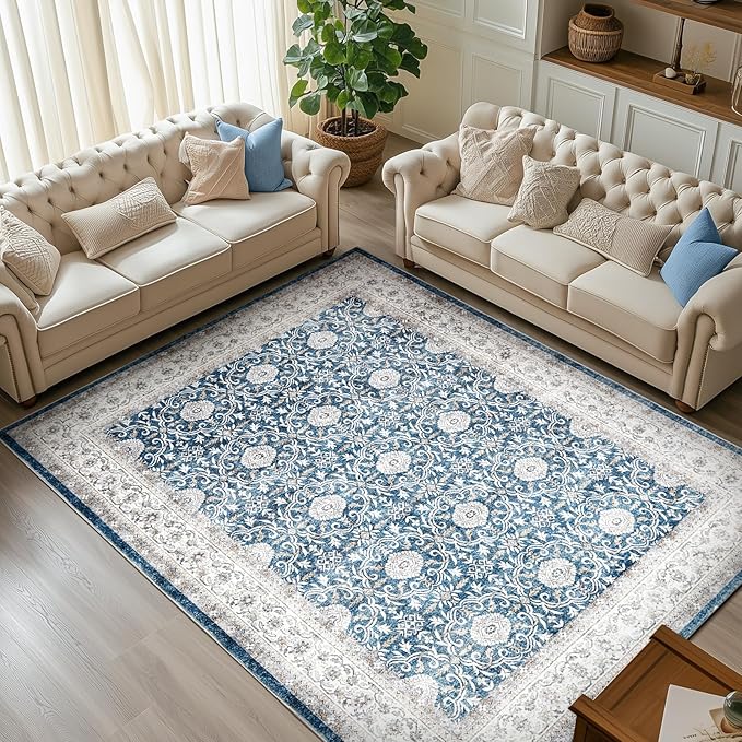 jinchan Floral 8x10 Area Rugs for Living Room Machine Washable Vintage Distressed Boho Design Throw Rug Stain Resistant Carpet Low-Pile Thin Non-Slip for Bedroom Dining Room Nursery (8‘x10',Dark Blue)