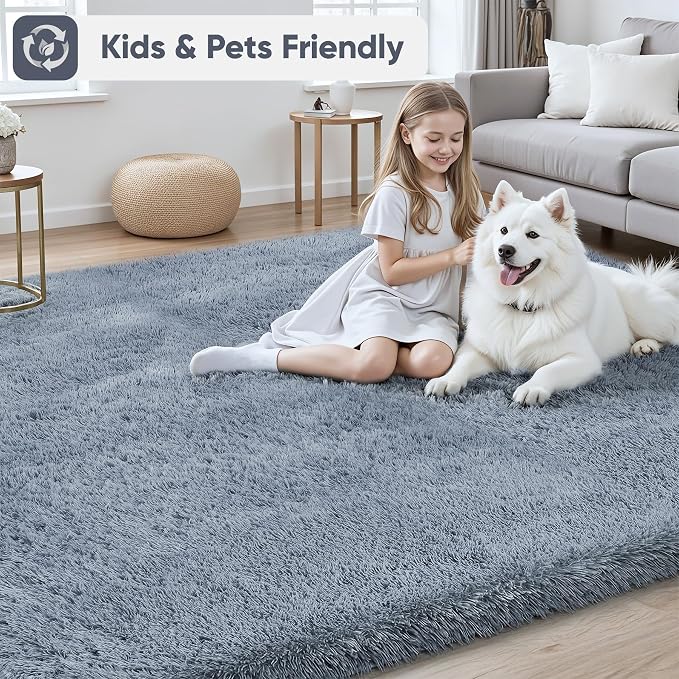 Area Rug for Living Room Bedroom: 9x12 Grey Soft Fluffy Shag Upgrade Non-Slip