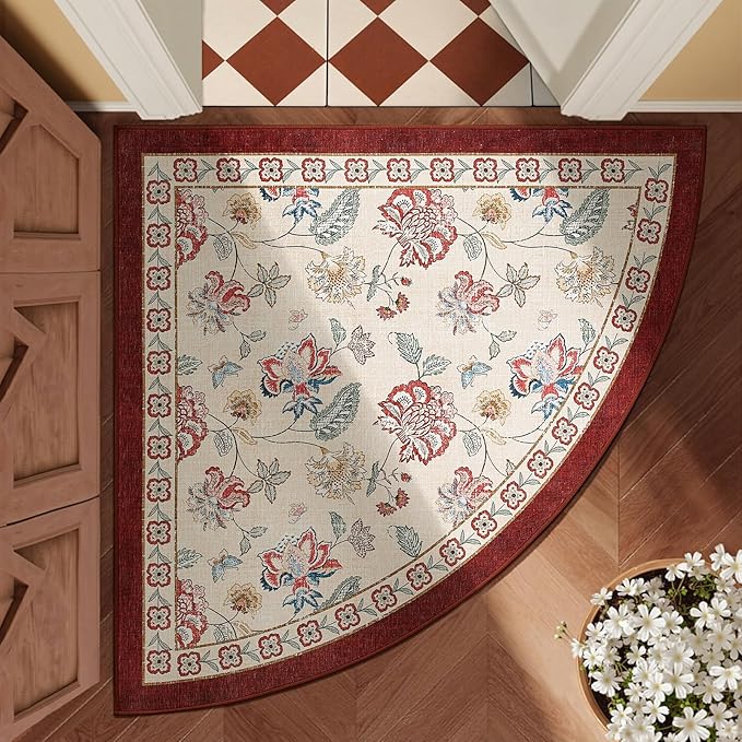 jinchan Floral Corner Rug for Entryway Washable Kitchen Rug Vintage Romance Design Non Slip Quarter Circle Lightweight Low-Pile Throw Carpet for Playroom Reading Nook Nursery, 4ft Radius, Red/Beige