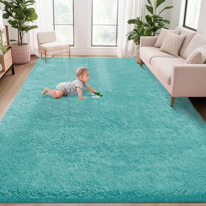 5x8 Area Rug for Living Room: Fluffy Shag Soft Washable Rugs Fuzzy Plush Indoor Carpet for Bedroom Nursery Playroom Dorm Kids Girls Boys Room (Teal Blue, 5'x8')