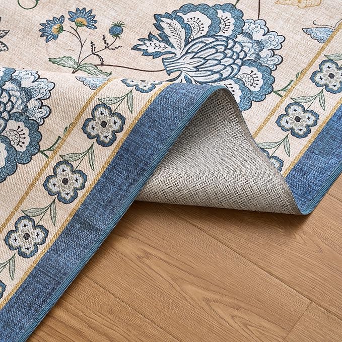 jinchan Floral Corner Rug for Entryway Washable Kitchen Rug Vintage Romance Design Non Slip Quarter Circle Lightweight Low-Pile Throw Carpet for Playroom Reading Nook Nursery, 4ft Radius, Blue/Beige