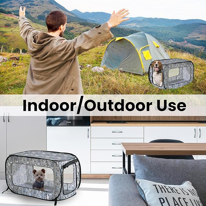 Beatrice Home Fashions Portable, Collapsible, Pop Up Kennel Travel Cat and Dog Crate, 32.5" L x 19.5" W x 19.5" H, Tail Waggers