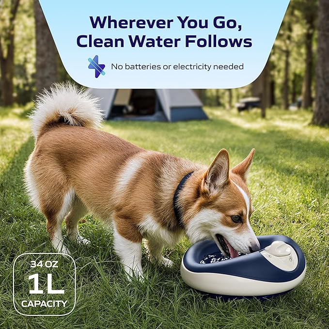 Filtered Portable Dog Water Dispenser [Upgraded 2026], 1L / 34oz, Automatic Pet Water Dispenser, No Spill, Noise-Free Dog Water Bowl Dispenser, No Power, Ideal for Small Pets
