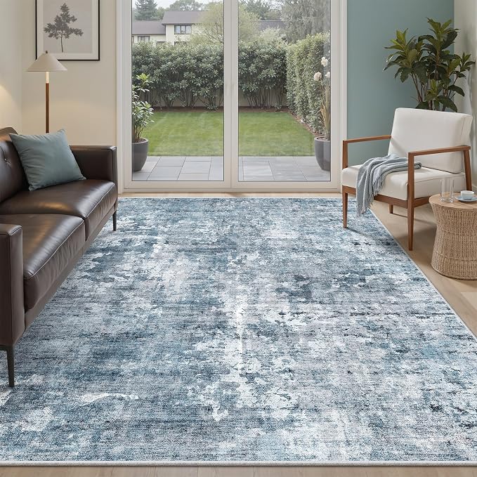 Soalmost Abstract Rug 5x7 Machine Washable Area Indoor Blue Low Pile Non-Slip