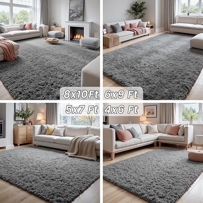 5x8 Area Rugs for Living Room: Soft Fluffy Shag Light Grey Rugs for Bedroom