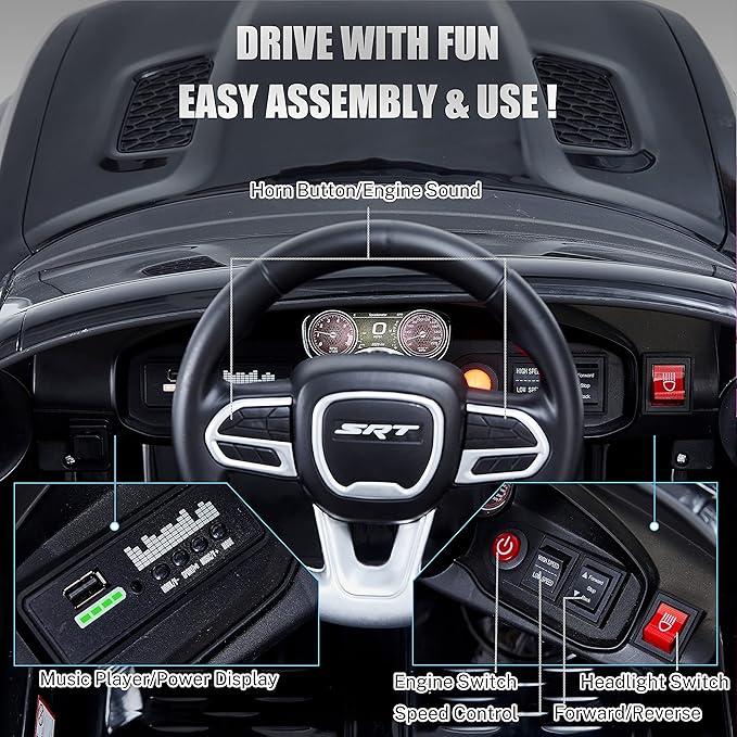 12V 7Ah Kids Electric Ride on Car, Licensed Dodge Charger SRT Hellcat, Battery Powered 4-Wheels Toy Car Electric Vehicle for Kids with Remote Control, 3 Speeds, LED Lights, Music (Black)
