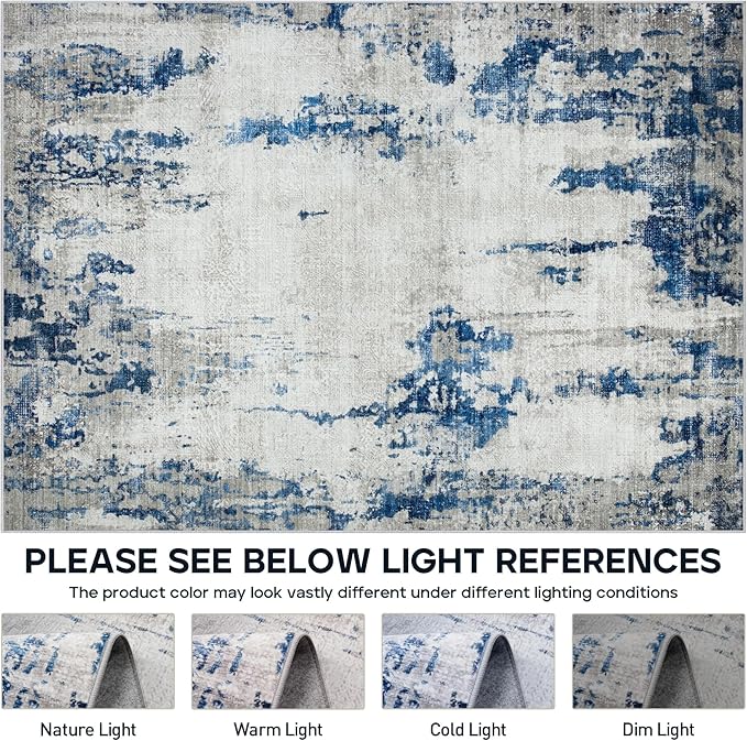 8x10 Area Rugs for Living Room Rug Washable: Modern Large Rug for Dining Room Bedroom Carpet Non Slip 8 by 10 Indoor Abstract Nursery Home Office Blue White