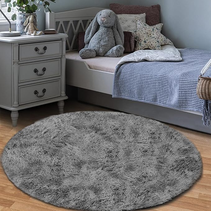 4FT Round Rug for Bedroom: Fluffy Shag Soft Washable Rugs Circle Small Fuzzy Plush Indoor Carpet for Living Room Nursery Playroom Dorm Kids Girls Boys Room (Dark Grey, 4'x4')