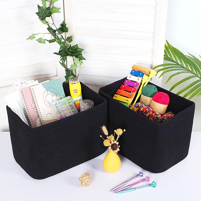 MINTWOOD Design 3-Pack Storage Baskets for Shelves, Playroom and Classroom, Book Basket, Decorative Storage Cube Bins, Woven Closet Organizers, Pantry and Shoe Organizer, Full Black