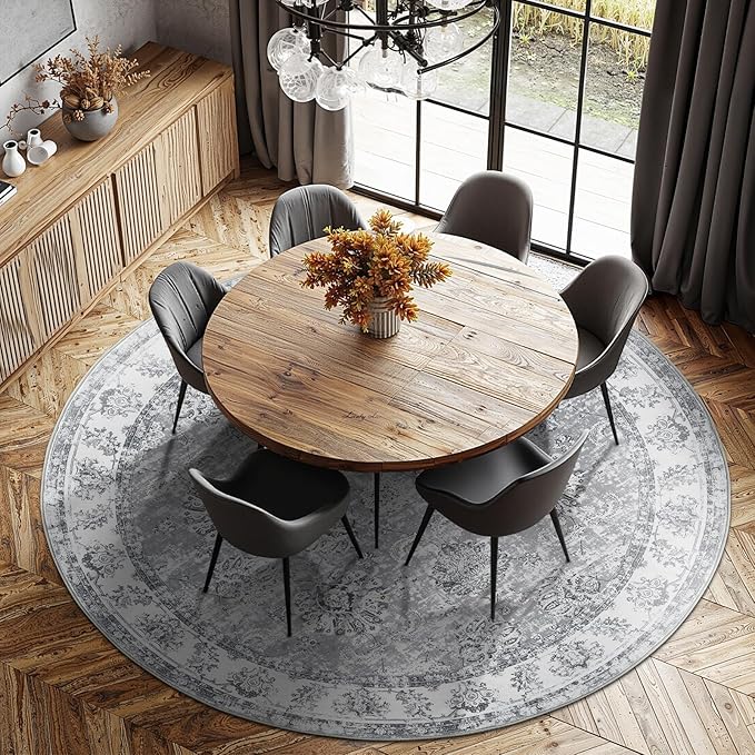 jinchan Round Rug 8ft Area Rug - Grey Vintage Floor Mat Kitchen Indoor Ultra-Thin Soft Floral Print - Washable Circle 8' Retro Accent for Farmhouse Non Slip Dining Room Living Room Bedroom Office