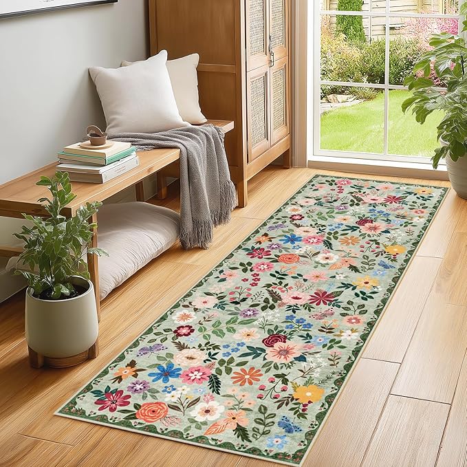 Runner Rug for Entryway: 2x10 Kitchen Rugs Non Slip Washable Ultra-Thin Soft Floral Carpet Indoor Floor Stain Resistant Carpets for Hallway Bedroom Kitchen Laundry Bathroom Dorm Green