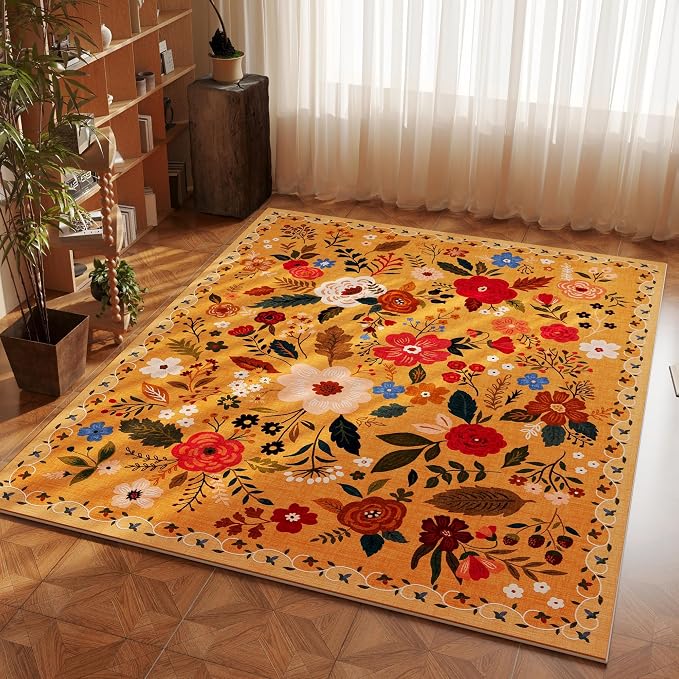 Rugcomf Area Rug 4x6 Rug Washable Boho Rugs Non Slip Low Pile Floral Small