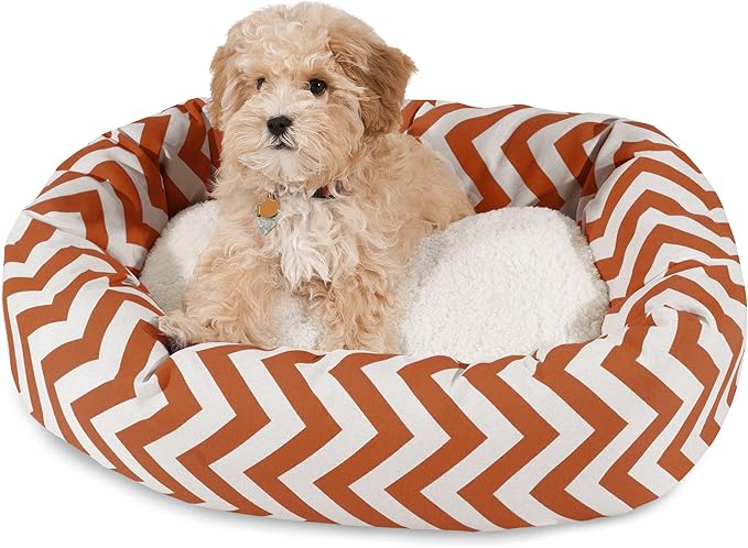 Majestic Pet 24 Inch Chevron Sherpa Calming Dog Bed Washable – Cozy Soft Round Dog Bed with Spine for Head Support - Fluffy Donut Dog Bed 24x19x7 (inch) – Round Pet Bed Small - BURNT ORANGE