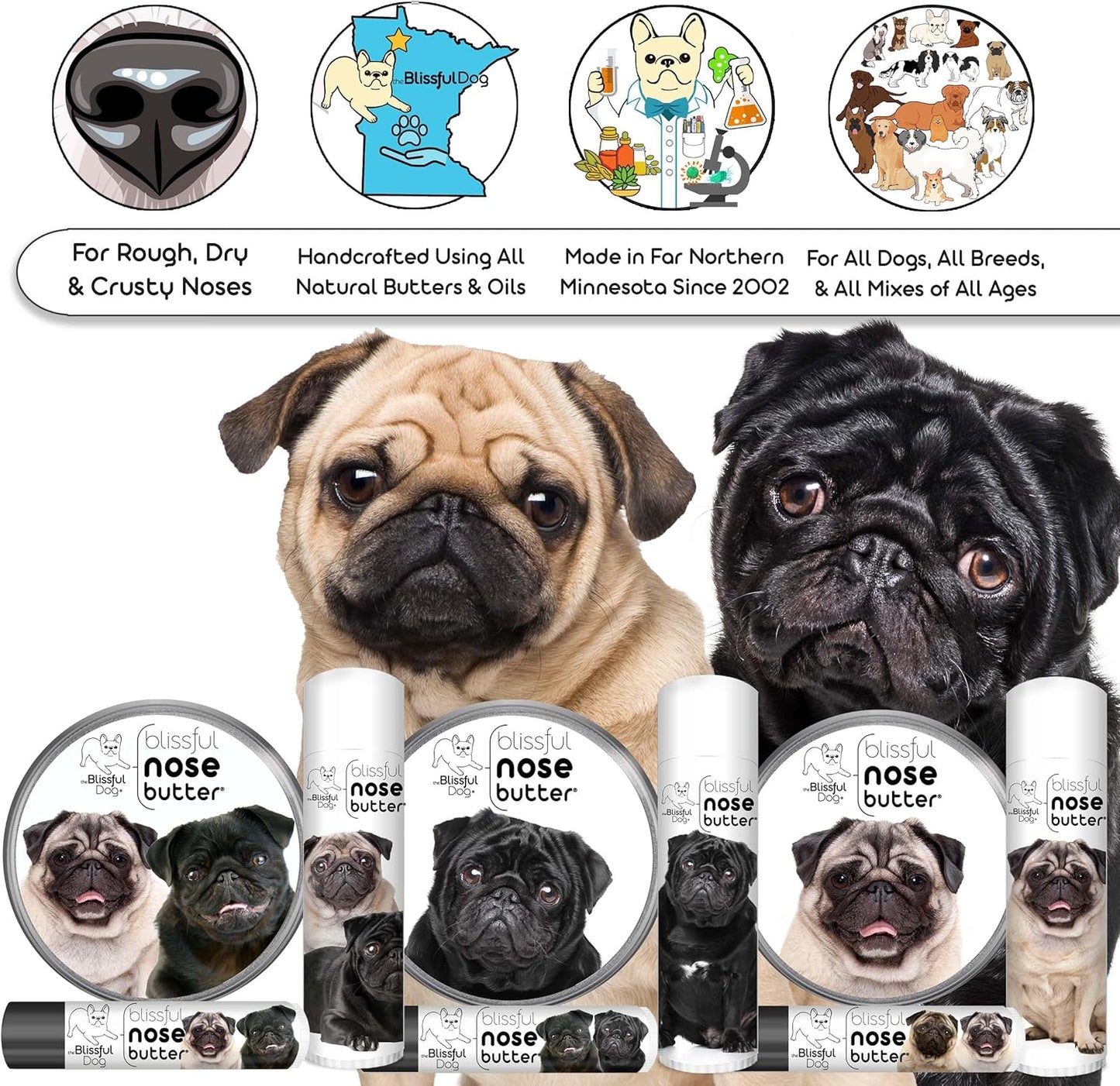 The Blissful Dog Pug Duo Unscented Nose Butter - Dog Nose Butter, 4 Ounce