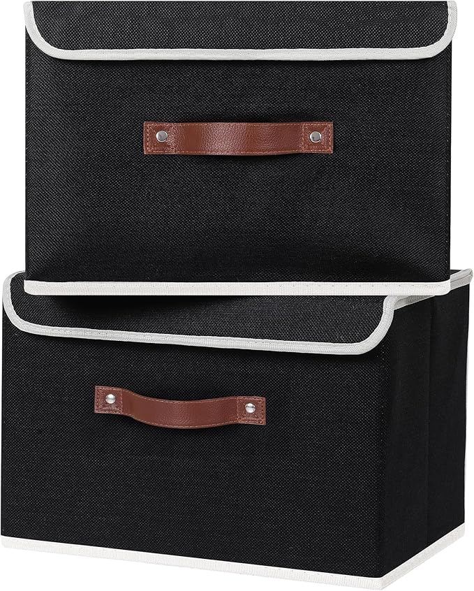 ANMINY 4PCS Storage Bins with Lid PU Leather Handles Storage Boxes PP Plastic Board Decorative Foldable Lidded Cotton Linen Fabric Home Cubes Baskets Closet Organizer Containers - Black, Large Size