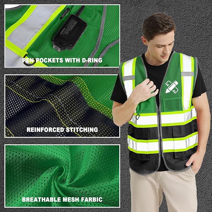 BeautyWill 10 Pack Custom Mesh Safety Vest Customized Logo Class2 High Visibility Reflective Vest with Pockets Construction workwear（Green Black，4XL ）