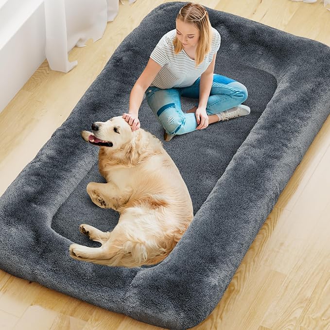 YEFU Human Dog Bed for Adult- Extra 79"x45"x12" Large Dog Beds - Human Size Dogs Bed Washable Faux Fur Cover - Orthopedic Foam Dogs Beds with for Sleep Nap in Bedroom Dark Grey