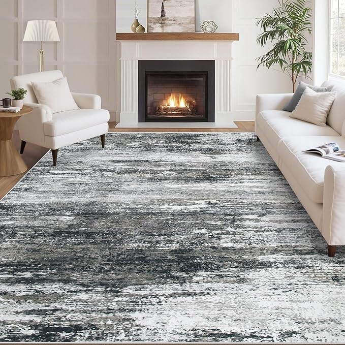 Washable Rug 6x9 Area Rugs for Living Room: Neutral Soft Rug Abstract Non Slip Low Pile Modern Carpet for Bedroom Kitchen Nursery Office Dining Room Indoor (Black, 6'x9')