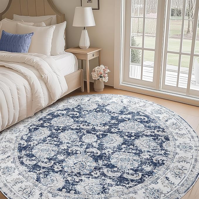 jinchan Round Rug 7ft Area Rugs Vintage Floral Distressed Design Machine Washable Non-Slip Low-Pile Ultra-Thin Circle Rug for Living Room Dining Room Bedroom Home Office Farmhouse (7' Round,Dark Blue)