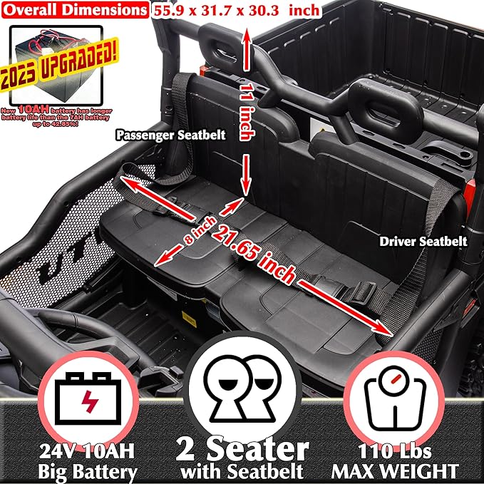 sopbost 24V 10Ah Ride On Toys for Big Kids to Drive 2 Seater Ride On Car with Remote Control Battery Powered Side by Side UTV with Large Dump Bed, 4x75W Motors, Red & Black