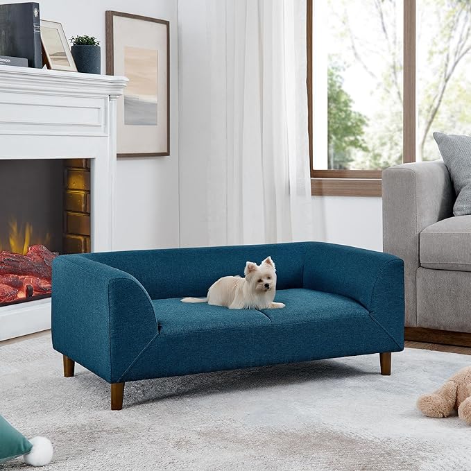 Elevated Dog Couch Bed for Medium Large Dogs, Modern Pet Sofa with Backrest & Armrest, Durable Dog Bed Sofa with Soft Cushion, Solid Wood Legs (Blue)