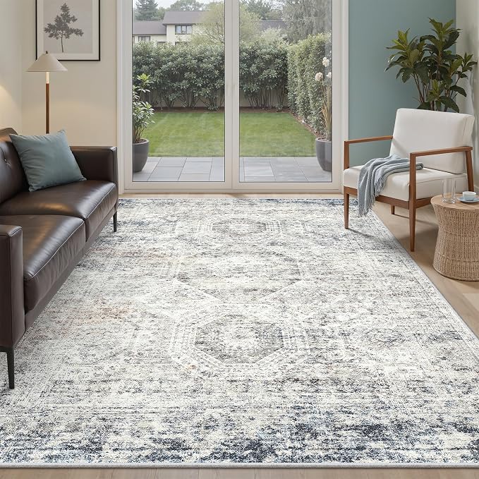 Soalmost 5x8 Area Rugs Blue Ivory Low Pile Indoor Washable Trendy Faded Style