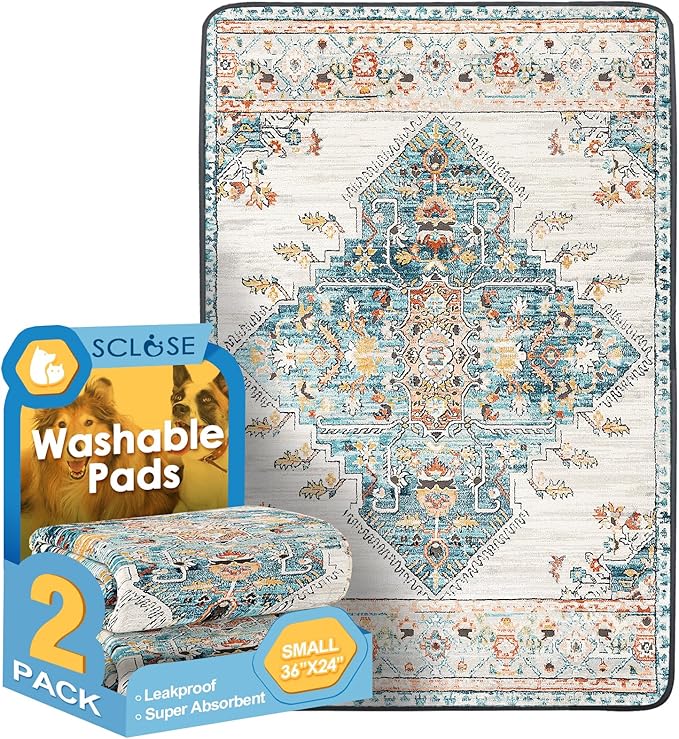 Washable Pee Pads for Dogs 2 Pack, 36" x 24" Reusable Puppy Pads Waterproof, Super Absorbent Dog Rugs, Leakproof, Dog Crate Pad, Playpen Mat, Whelping Pads, Blue Medallion