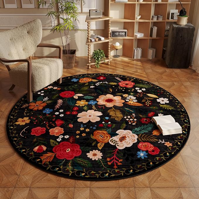 Rugcomf Round Rug 4ft Washable Circle Rug Non Slip Low Pile Boho Floral Small
