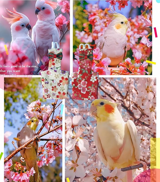 2Pcs Bird Diapers Bird Harness Flight Suits with 80in Flying Leash Reusable Parrot Nappy with Waterproof Inner Layer Urine Wet Suite for Cockatiel Budgie Conure Parakeet Lovebird-Red&White