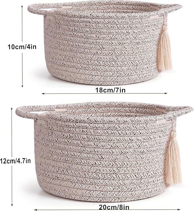 Small Soft Organizer Baskets，Decorative Mini Round Woven Rope Storage Bin Empty Gift Baskets for Man，Office, Desk Decor, Gifting, Kids, Toys, Pre Shaped, Brown, 2 Pack