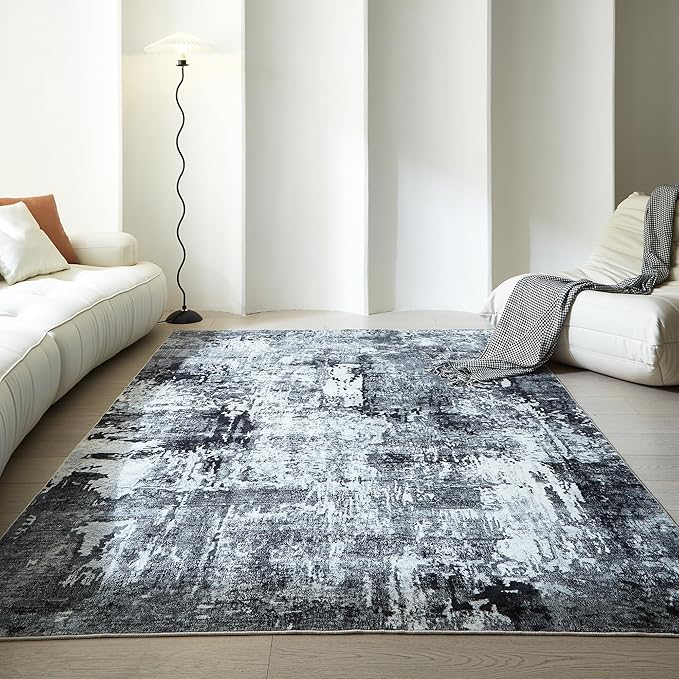 Area Rug 5x7 Washable Rug Boho Soft Abstract Pattern Non-Slip Faux Wool Vintage for Living Room, Bedroom, Farmhouse, Dining Room, Kids Playroom, Grey and Black