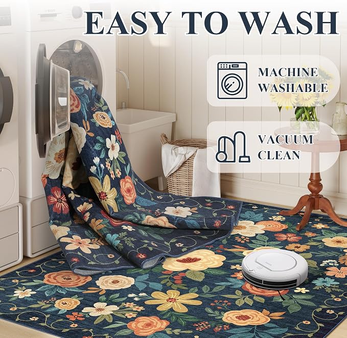 DUKINO Floral Round Rug, 6ft Washable Circle Rug, Non Slip Indoor Low Pile