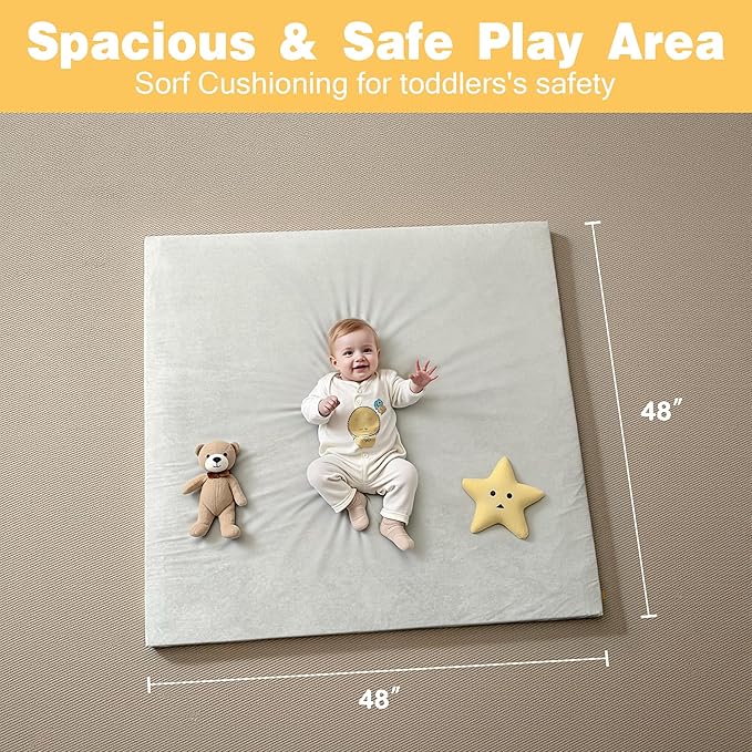 48" ×48" Padded Baby Play Mat for Floor, 1.2" Thick Memory Foam Mat with Machine Washable Cover, Soft Tummy Time Crawling Playmat with Non-Slip Bottom, Fits 50" x50" Playpens