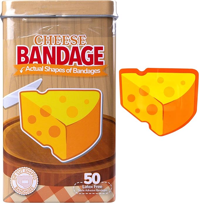 BioSwiss Bandages, Cheese Shaped Self Adhesive Bandage, Latex Free Wound Care, Fun First Aid Kit Supplies for Kids and Adults, 50 Count