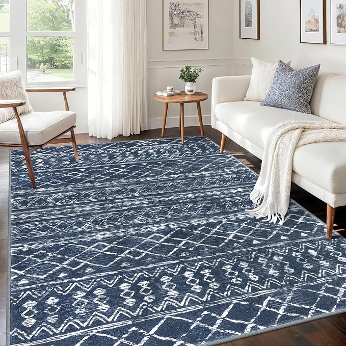 KUTA Area Rug 5x7 Navy Blue, Washable Boho Large Living Room Moroccan Rugs