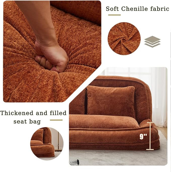 Double Human Dog Bed for Adult and Kids, Comfy Foldable Lazy Floor Loveseat Sofa Bed with 5 Adjustable Position, Upholstered Floor Bean Bag Lounger Chair for Bedroom, Living Room,Office (Orange.)