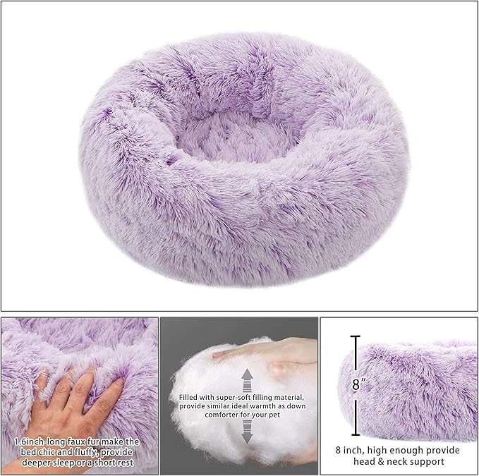 Calming Dog Bed X-Large, Soft Round Cuddler Dog Beds Fluffy Plush Faux Fur Pet Beds, Anit-Anxiety Self-Warming Comfy (32", Purple)
