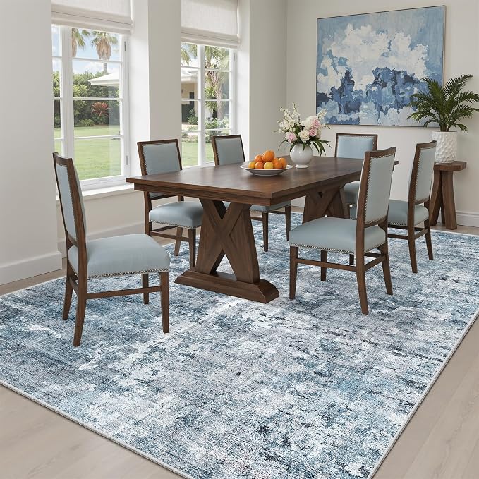 Soalmost Abstract Rug 5x7 Machine Washable Area Indoor Blue Low Pile Non-Slip